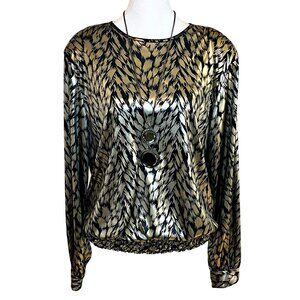 Vintage 80s Black and Pewter Foil Metallic Abstract Print Glam Blouse Size Large